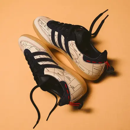 【海外4月11日発売予定】 シェイク・ジェームズ × アディダス オリジナルス サンバ 414 デイ クリーム/ブラック/レッド/ガム